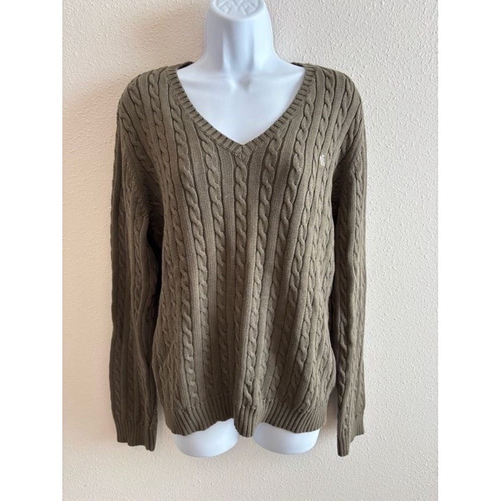 NWT Lauren Ralph Lauren Cable Knit Sweater Womens XL Fatigue Green V-Neck Cotton